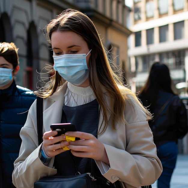 Una mujer joven con una máscara quirúrgica camina por una calle de la ciudad mientras mira su teléfono
