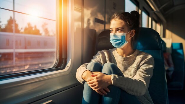 Foto mujer joven con una máscara y sentada en un tren bajo la luz del sol