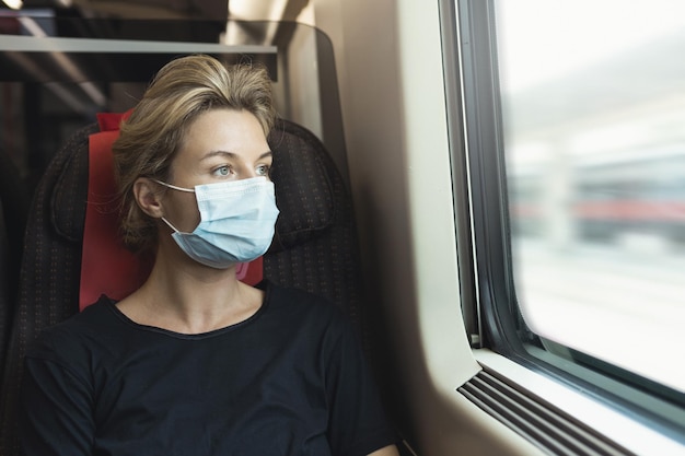 Mujer joven con mascarilla médica en un tren durante su viaje