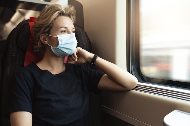 Mujer joven con mascarilla médica en un tren durante su viaje