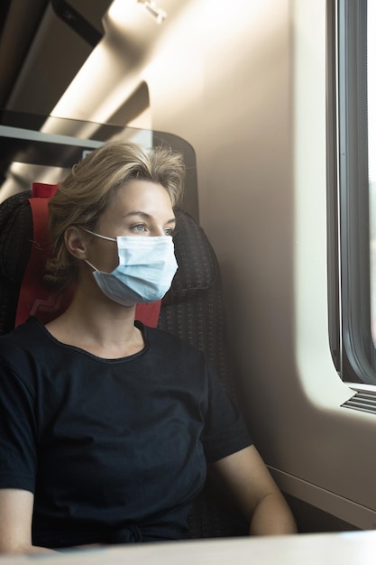 Mujer joven con mascarilla médica en un tren durante su viaje