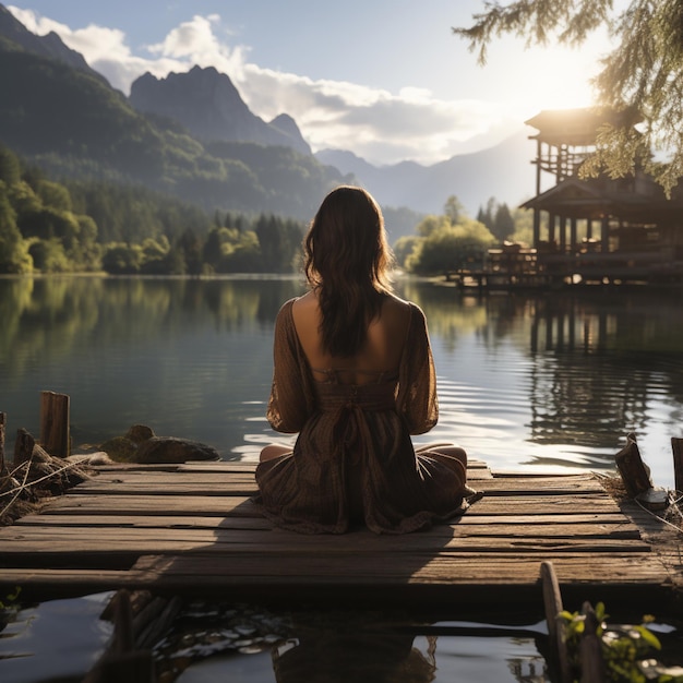 Mujer joven meditando en un muelle de madera en la orilla de un lago para mejorar la concentración