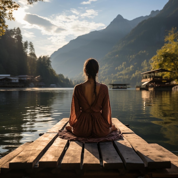 Mujer joven meditando en un muelle de madera en la orilla de un lago para mejorar la concentración