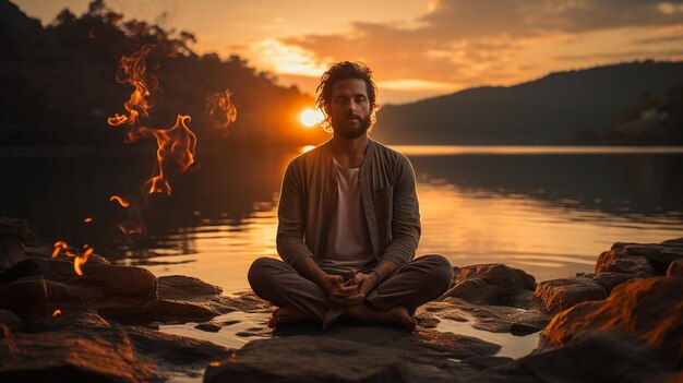 Mujer joven meditando en posición de loto sobre una roca al amanecer.