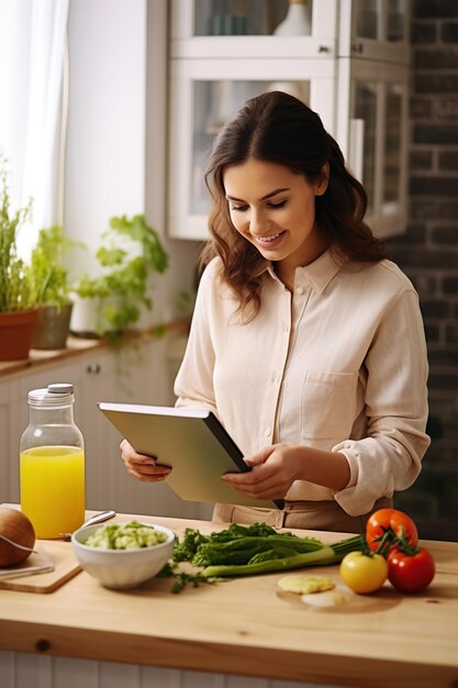 Foto mujer joven millennial feliz cocinando la cena en la cocina de casa usando una tableta en la mesa con un plato de verduras leyendo recetas en línea viendo un blog de comida orgánica