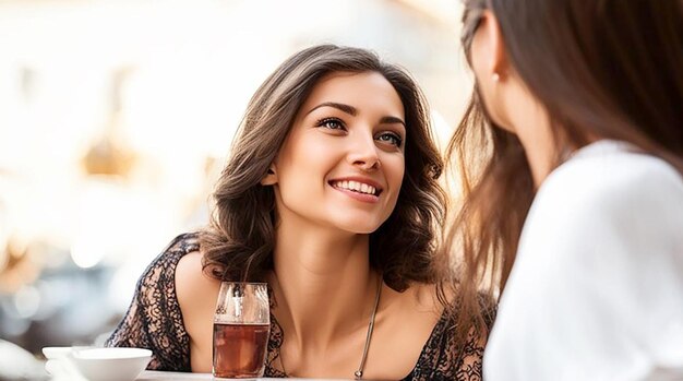 Foto una mujer joven mira a su amiga durante una reunión en un café teniendo una conversación divertida