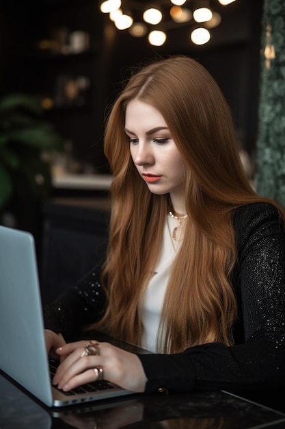 Una mujer joven mirando una computadora portátil que muestra el trabajo en línea creado con IA generativa