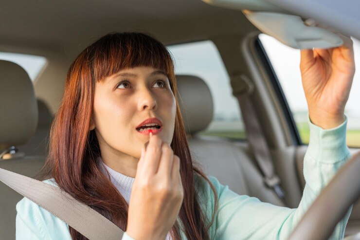 Mujer joven mirando en el espejo retrovisor y maquillando sus labios mientras está sentada detrás del volante de su automóvil Mujer pintando los labios maquillándose mientras conduce el automóvil Concepto de conducción peligrosa