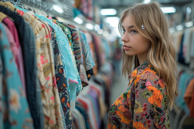 Mujer joven mirando por los estantes de ropa de colores