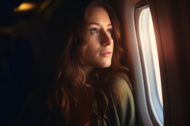 Mujer joven mirando por la ventana del avión