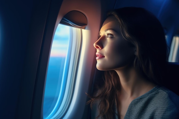 Mujer joven mirando por la ventana del avión