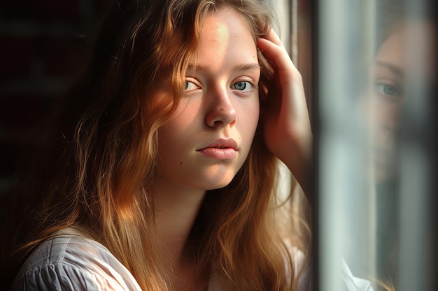 Una mujer joven mirando por la ventana.