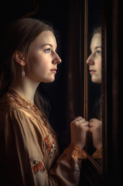 Una mujer joven mirándose en el espejo.