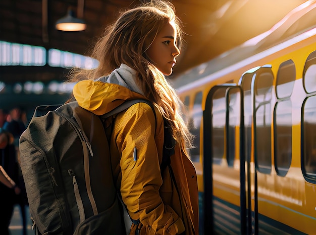 Mujer joven con mochila abordando tren hecho con IA generativa Anuncio de viaje en tren