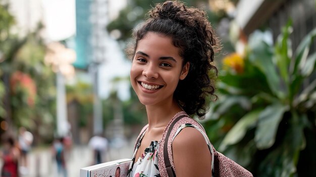 Mujer joven con mochila escolar sosteniendo cuaderno calle con edificios árboles y fondo borroso