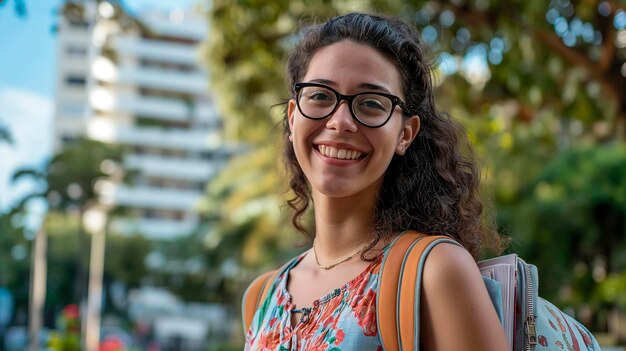 Mujer joven con mochila escolar sosteniendo cuaderno calle con edificios árboles y fondo borroso