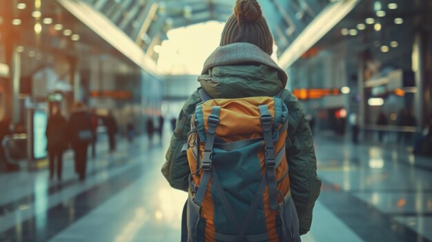 Mujer joven con mochila en la espalda esperando en el aeropuerto o en una gran estación de tren vista desde atrás ultra aguda AI generativa