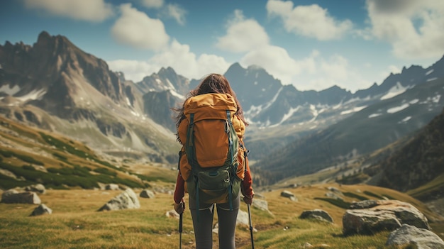Mujer joven con mochila Fondo de paisaje de montañas Día soleado