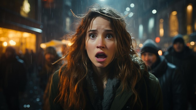 mujer joven con mochila bajo la lluvia