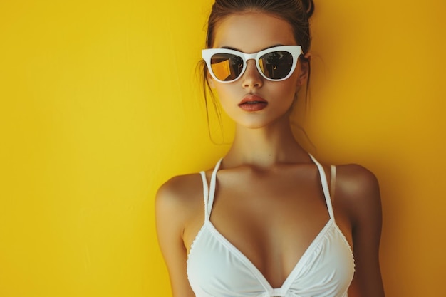 Mujer joven a la moda con un bikini blanco y gafas de sol de moda contra un vibrante dorso amarillo
