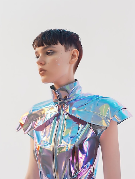 Mujer joven de moda futurista en traje holográfico