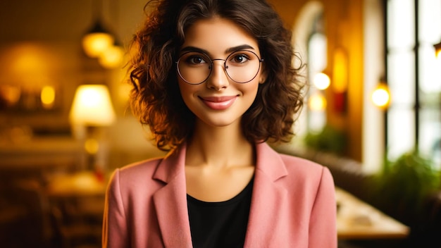 Mujer joven de moda con gafas en un acogedor café