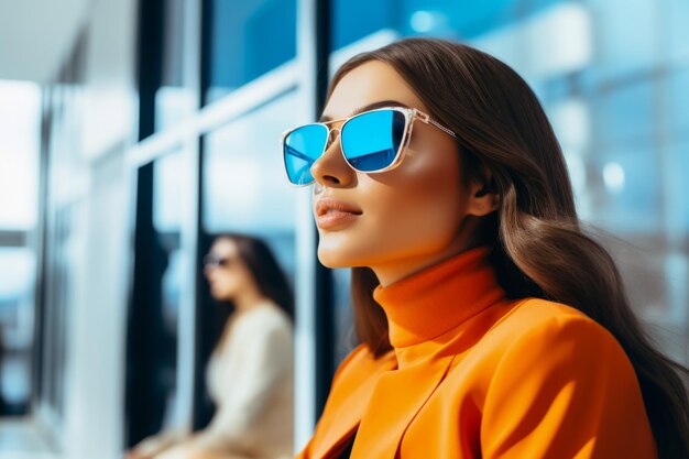 Foto mujer joven de moda con gafas de sol atractiva y elegante en la ciudad
