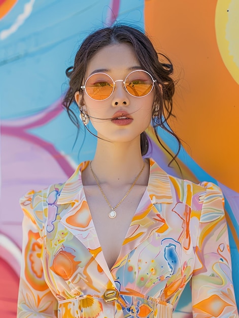 Mujer joven a la moda posando frente a una pared de graffiti vibrante con una camisa colorida y elegante