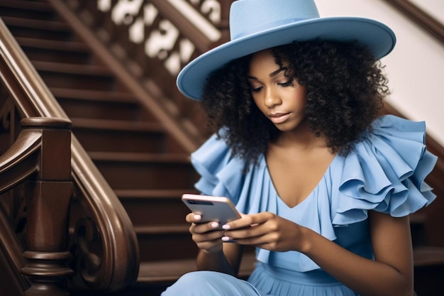 Mujer joven de moda sentada en la escalera usando un teléfono inteligente