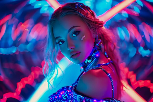 Mujer joven a la moda con trajes futuristas posando con iluminación de neón