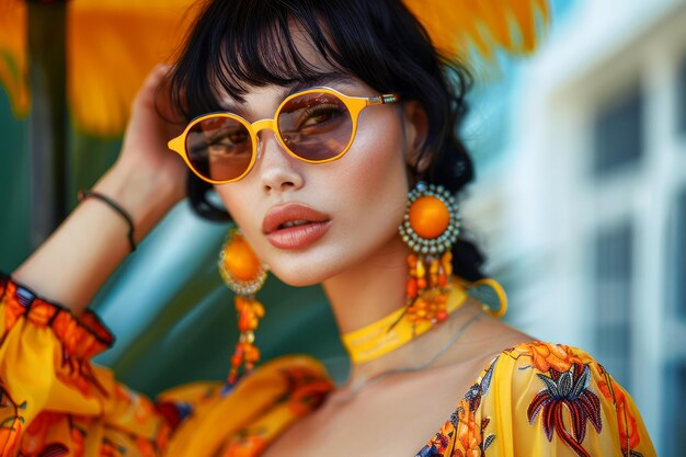 Mujer joven a la moda con un vívido traje amarillo con elegantes gafas de sol y pendientes posando en