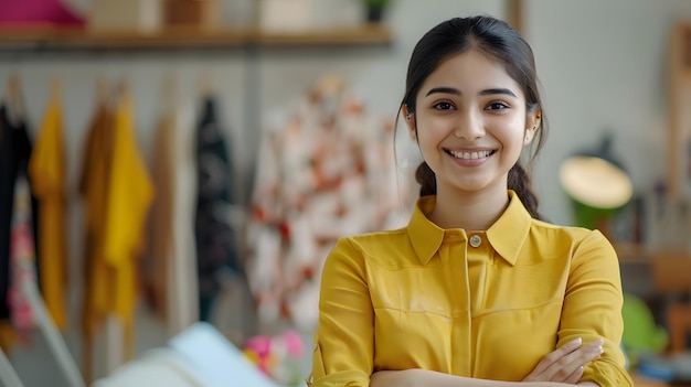 Foto mujer joven moderna confiada sonriente india asiática o mujer que trabaja profesional fas ia generativa