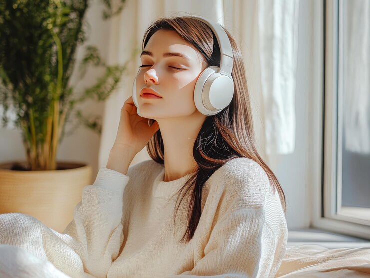 Mujer joven en un momento sereno de reflexión en el interior