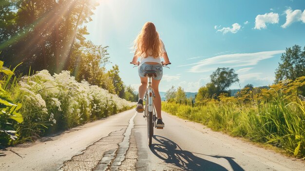 Foto una mujer joven montando una bicicleta antigua en una carretera de campo salpicada de sol en verano