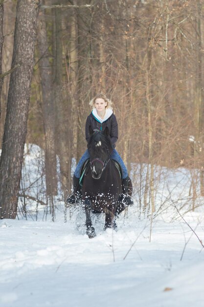 Una mujer joven montando un caballo negro en el bosque de invierno