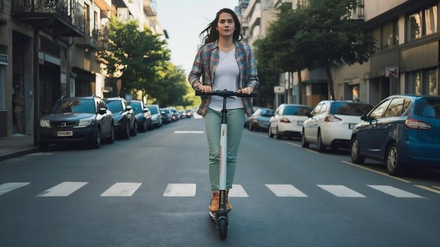 Mujer joven montando un scooter en la calle