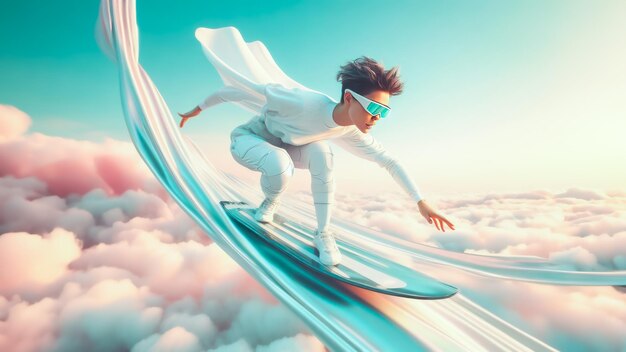 Mujer joven montando una tabla de surf en el cielo espacio virtual concepto deportivo Metaverse