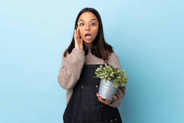 Mujer joven morena de raza mixta sosteniendo una planta sobre una pared azul aislada con sorpresa y expresión facial conmocionada.