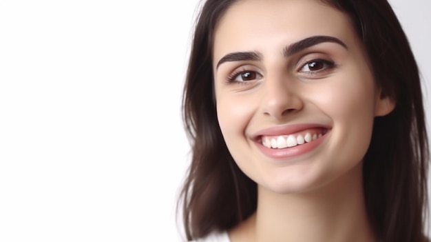 Mujer joven morena sonriendo alegremente en fondo blanco