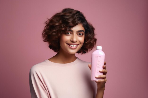 Mujer joven mostrando la botella de producto cosmético