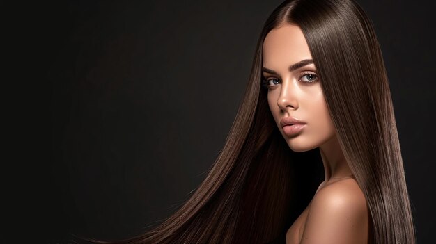 Foto mujer joven mostrando el cabello marrón brillante en el estudio de ia generativa