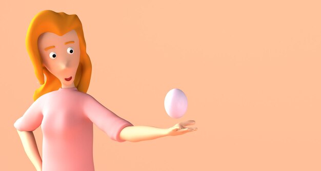 Mujer joven mostrando con la mano un huevo de pascua Ilustración 3D Espacio de copia Caricatura