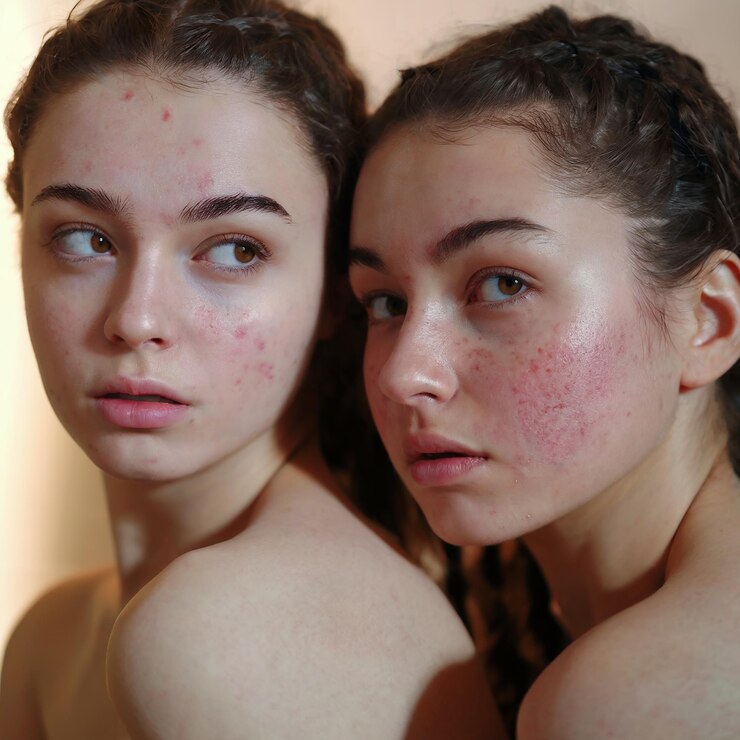 Mujer joven mostrando piel impecable y sin acné en la iluminación suave del estudio con fondo borroso