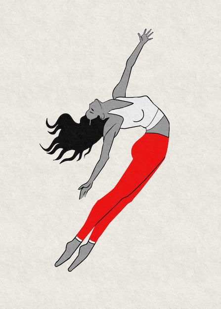 Una mujer joven en movimiento con expresión graciosa y pantalones rojos dinámicos