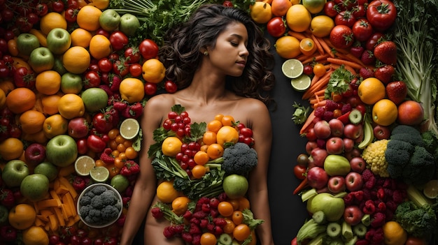 Mujer joven con muchas frutas y verduras Concepto de comida saludable