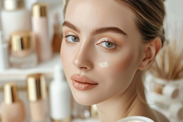 Mujer joven con una muestra de crema de belleza en la mejilla que personifica la elegancia del cuidado de la piel en medio de productos cosméticos