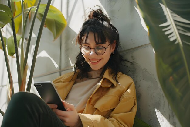 Foto una mujer joven multi-tarea alegremente con un teléfono inteligente mientras trabaja o estudia remotamente concept professional women remote working technology multitasking millennials