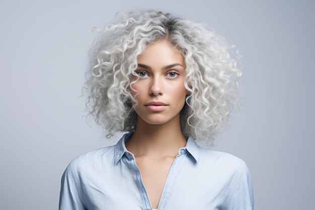 Mujer joven multicultural con cabello blanco rizado en una toma de estudio