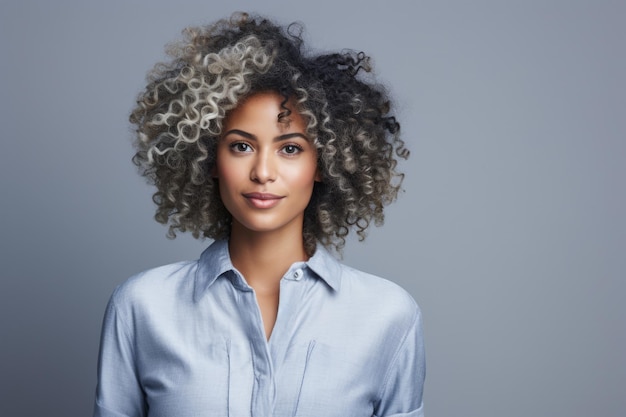 Mujer joven multicultural con cabello blanco rizado en una toma de estudio