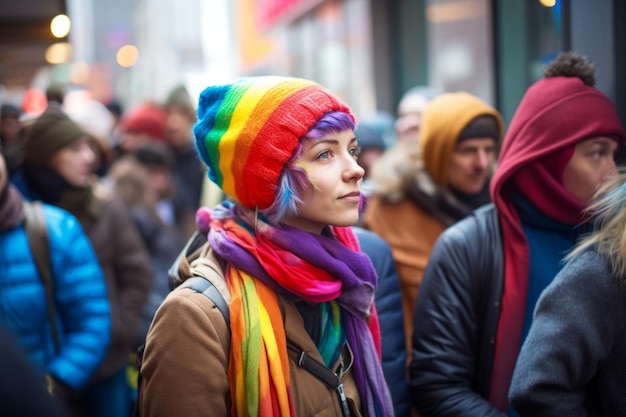 Mujer joven en la multitud con pañuelo y sombrero en los colores de la bandera LGBTI